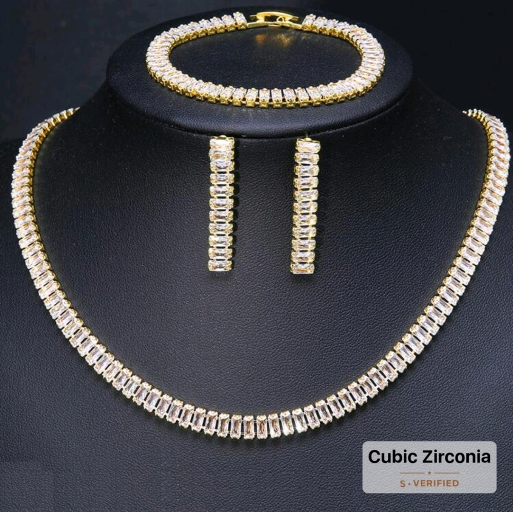 #36 3pcs/Set Cubic Zirconia Inlay Necklace, Bracelet And Earrings Set - Picture 3 of 12